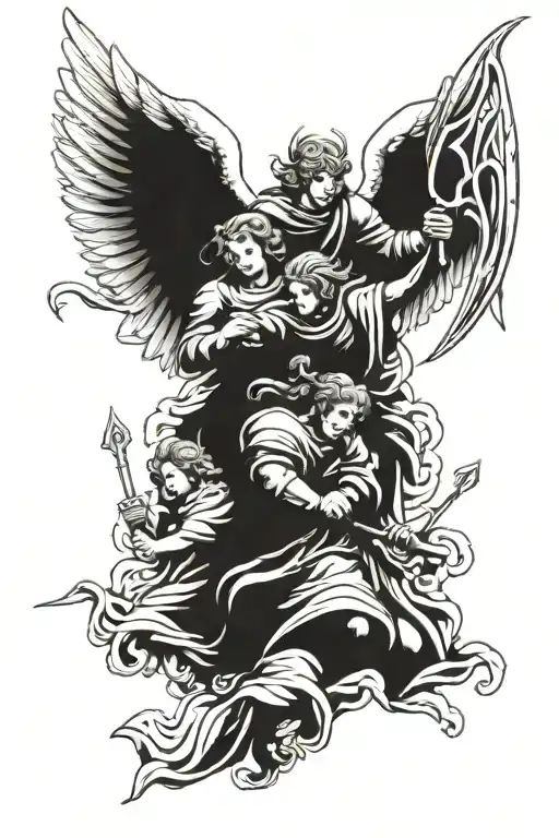 3 angels and 1 knight protect  tattoo design idea