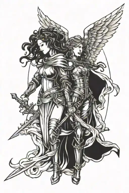 2 girls with knight in heaven with angel  tattoo design idea
