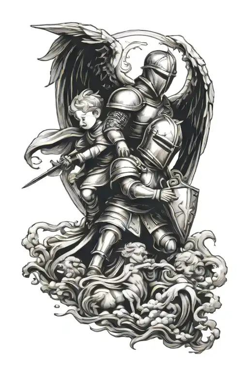 2 child with knight in heaven protect  angel  tattoo design idea