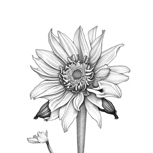 Vase with aster flower, daffodil flower, and chrysanthemum flower tattoo design idea