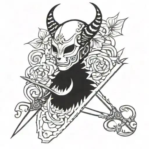 Scissors and a masked demon tattoo design idea