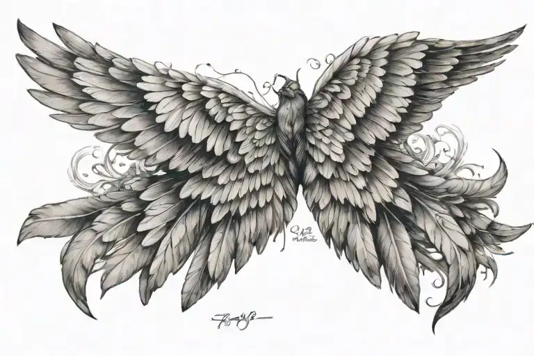 A pair of realistic wings spread open with the quote that wraps in a 3d circle saying  SPREAD MY WINGS over top of wings tattoo design idea