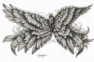 A pair of realistic wings spread open with the quote that wraps in a 3d circle saying  SPREAD MY WINGS over top of wings tattoo design idea