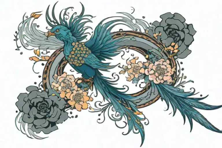 Phoenix rising from smoke and ashes surrounded by japanese flowers and blossoms tattoo design idea