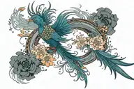 Phoenix rising from smoke and ashes surrounded by japanese flowers and blossoms tattoo design idea