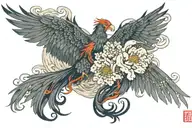Phoenix rising from smoke and ashes surrounded by japanese flowers and blossoms tattoo design idea