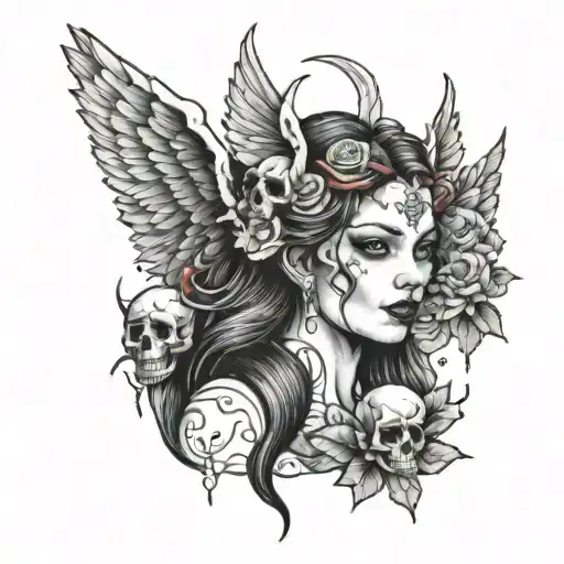 Generate a black and white tattoo with a women that is half angel half devil with skulls and doves tattoo design idea