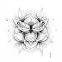 una flor con 2 mariposa una arriba y la otra abajo de la flor y mas grande tattoo design idea
