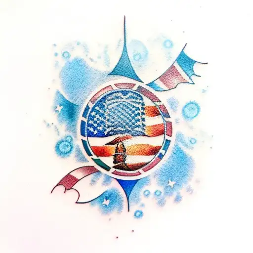 water color, Polynesian, no purple, no flowers, American flag tattoo design idea