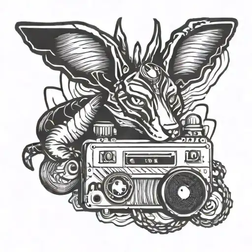 Horizontal old movie tape tattoo with Anubis, cinnamonrool sanrio and something that represents psychology tattoo design idea