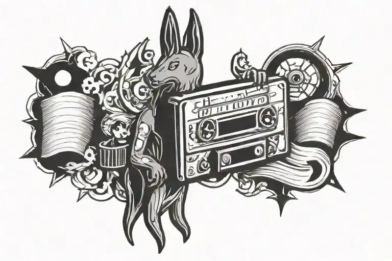 Horizontal old movie tape tattoo with Anubis, cinnamonrool sanrio and something that represents psychology tattoo design idea