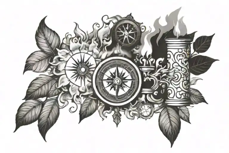 smoke candle tree with compass and a fire from which embers come tattoo design idea