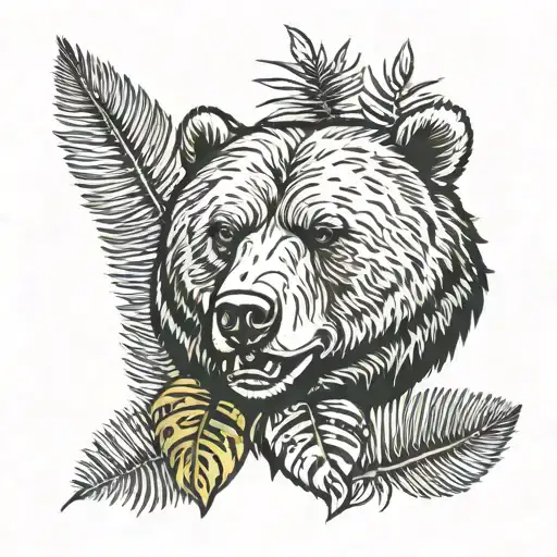 The head of an angry bear with a scar on the eye, a cigarette in his teeth against the background of palm trees and fern leaves tattoo design idea