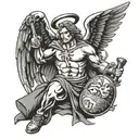 angel with hammer, sickle and money bag filled tattoo design idea