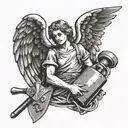 angel with hammer, sickle and money bag filled tattoo design idea