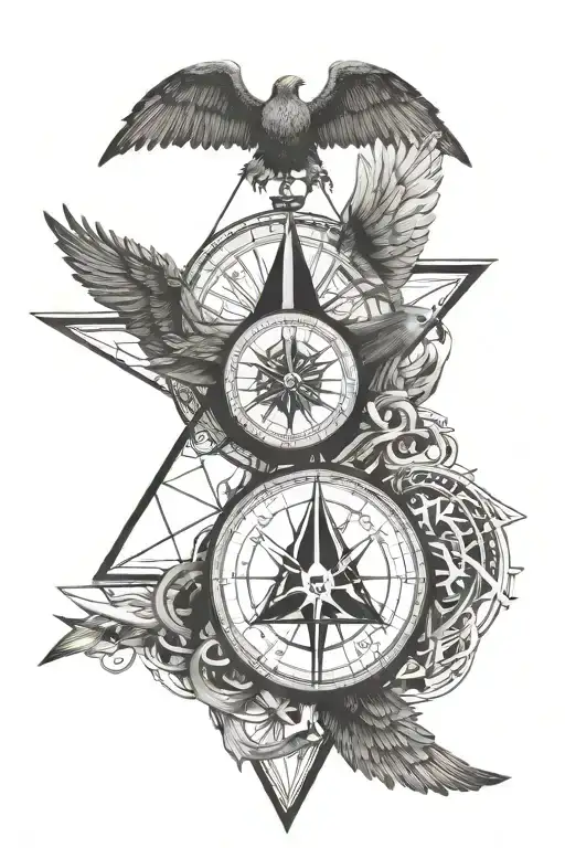 triangle with wings over a compass and globe  tattoo design idea