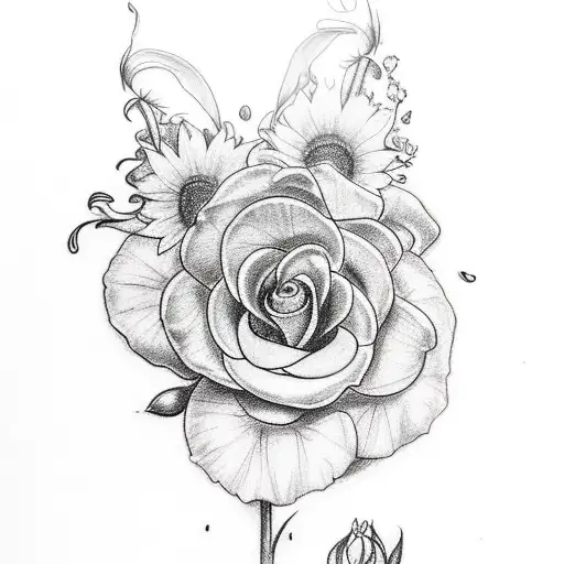 A sketch of a tattoo for the inner arm that includes a sunflower, a violet, a lily of the valley, a rose, a gladiolus, a tattoo design idea