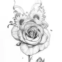 A sketch of a tattoo for the inner arm that includes a sunflower, a violet, a lily of the valley, a rose, a gladiolus, a tattoo design idea