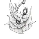 A sketch of a tattoo for the inner arm that includes a sunflower, a violet, a lily of the valley, a rose, a gladiolus, a tattoo design idea