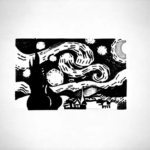 A retangle containing a fine line outline of the bottom part of van Gogh's starry night  tattoo design idea