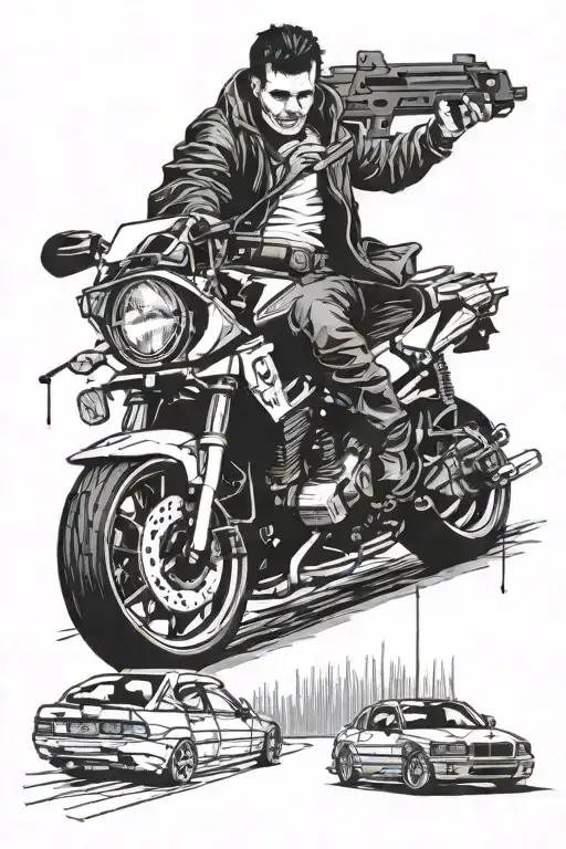 bmw e36 on a joker card and scarface statue tattoo design idea