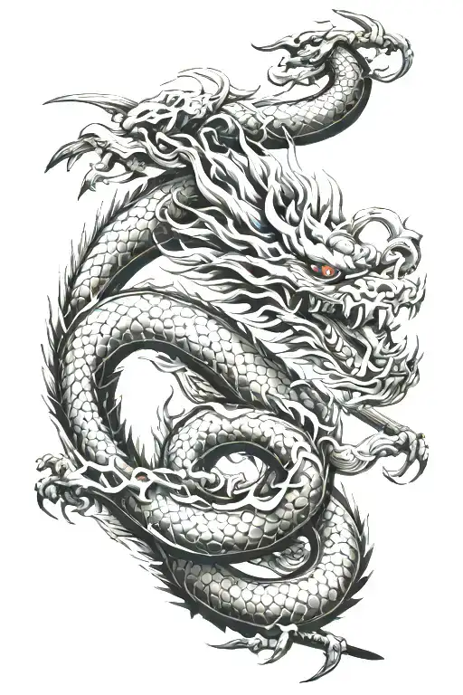 japanese dragon wrapped around samurai sword tattoo design idea