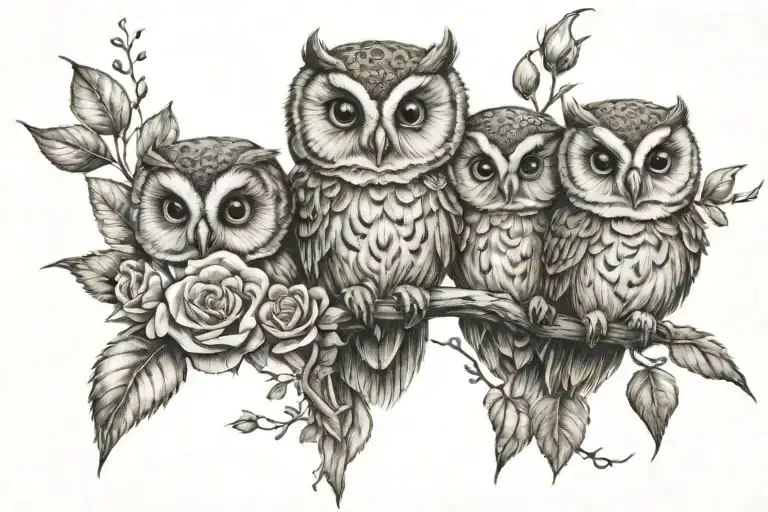 3 baby owls and roses blooming tattoo design idea