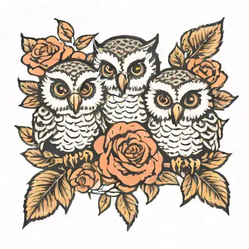 3 baby owls and roses blooming tattoo design idea