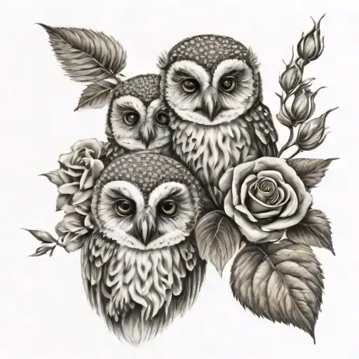 3 baby owls and roses blooming tattoo design idea