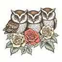 3 baby owls and roses blooming tattoo design idea