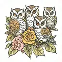 3 baby owls and roses blooming tattoo design idea