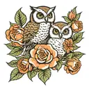 3 baby owls and roses blooming tattoo design idea
