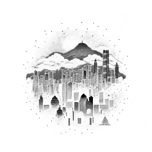 A dotwork tattoo of the Medellin skyline with red accents inspired by One Piece tattoo design idea