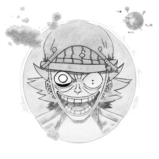 A black-grey tattoo of Luffy from One Piece surrounded by scientific equations tattoo design idea