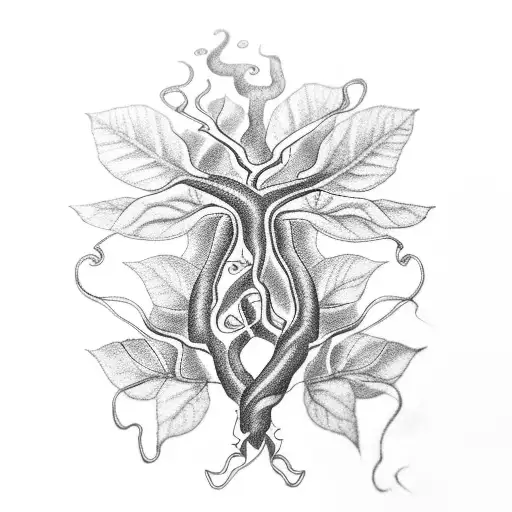 A blackwork tattoo of a neuron intertwined with a coffee bean plant tattoo design idea