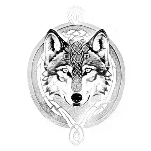 Celtic wolf with mountain and forest backgroud, words and axes tattoo design idea