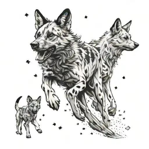 A pack of wild dogs running through a field of stars, symbolizing freedom and unity tattoo design idea