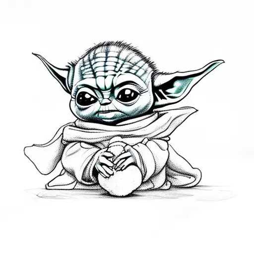 Baby Yoda as a cartoon character holding a teddy bear tattoo design idea