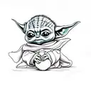 Baby Yoda as a cartoon character holding a teddy bear tattoo design idea