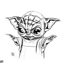 Baby Yoda as a cartoon character holding a teddy bear tattoo design idea
