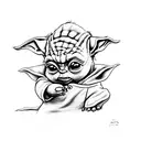Baby Yoda as a cartoon character holding a teddy bear tattoo design idea