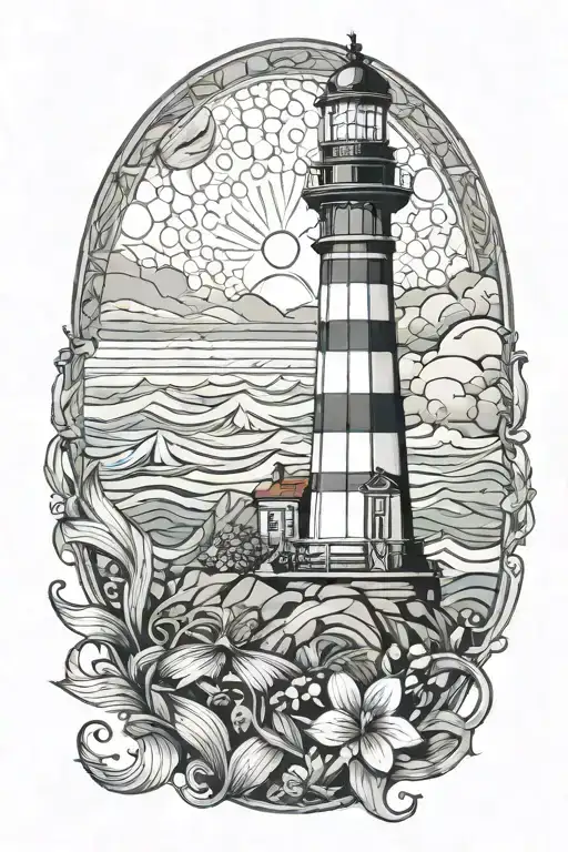 lighthouse on shore with a mermaid swimming tattoo design idea