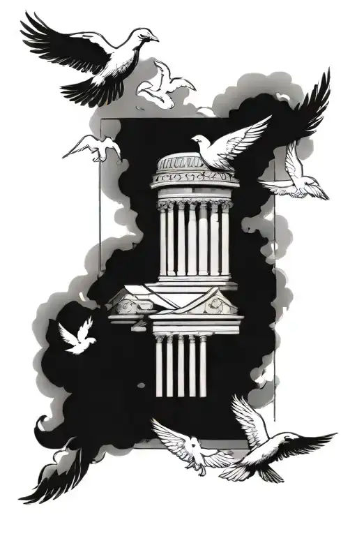 aphrodite tattoo with small greek temple and doves as a background with clouds around it.  tattoo design idea
