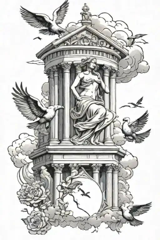 aphrodite tattoo with greek temple and doves as a background with clouds around it.  tattoo design idea