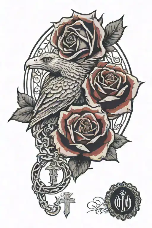 dark red rose with thorns with the Virgin Mary praying going down into a horseshoe and a Mexican eagle  with rosary  tattoo design idea