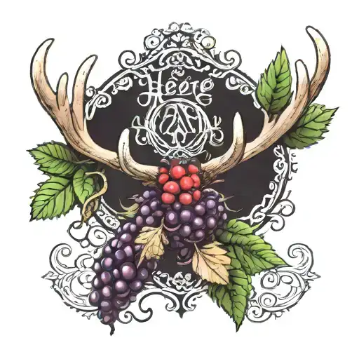 deer antler wrapped in a black raspberry vine with the words "Here I Am" written underneath it tattoo design idea