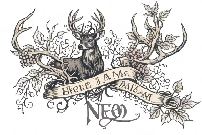 white tail deer antler wrapped in a black raspberry vines with the words "Here I Am" written underneath it tattoo design idea