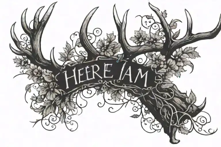 white tail deer antler (singular) wrapped in a black raspberry vines with the words "Here I Am" written underneath it tattoo design idea
