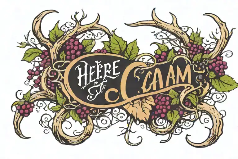 white tail deer antler (singular) wrapped in a black raspberry vines with the words "Here I Am" written underneath it tattoo design idea