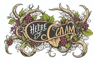 white tail deer antler (singular) wrapped in a black raspberry vines with the words "Here I Am" written underneath it tattoo design idea